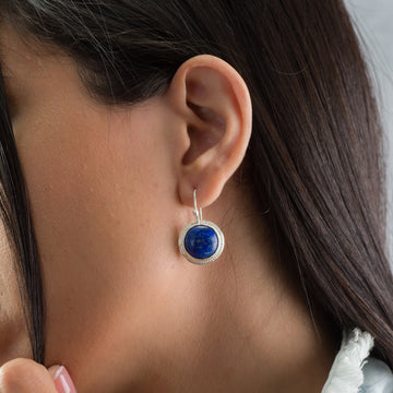 Handcrafted Silver Dangle Round Earrings with Lapis Lazuli Gemstone • Statement Earrings • Heart Earings • Gift For Her • Mother's Day Gift
